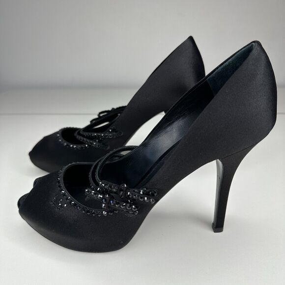 Louis Vuitton Vintage Black Satin Open Toe Crystal Strap Embellished Pumps 37.5 - Picture 5 of 13